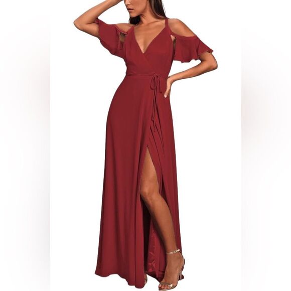 Aakaa Red Open Shoulder Back Neck Tassel Tie Maxi Wrap Dress Sz L - Picture 1 of 14